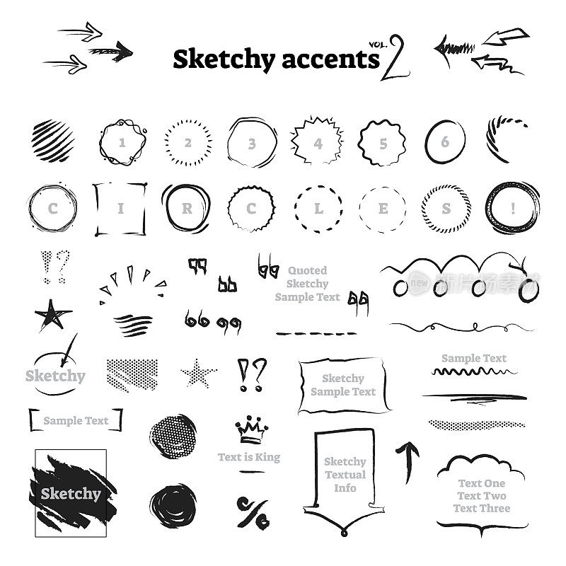 Sketchy hand drawn ink scribble graphic design elements collection - backgrounds, frames, circles, arrows, underlines and various marks.